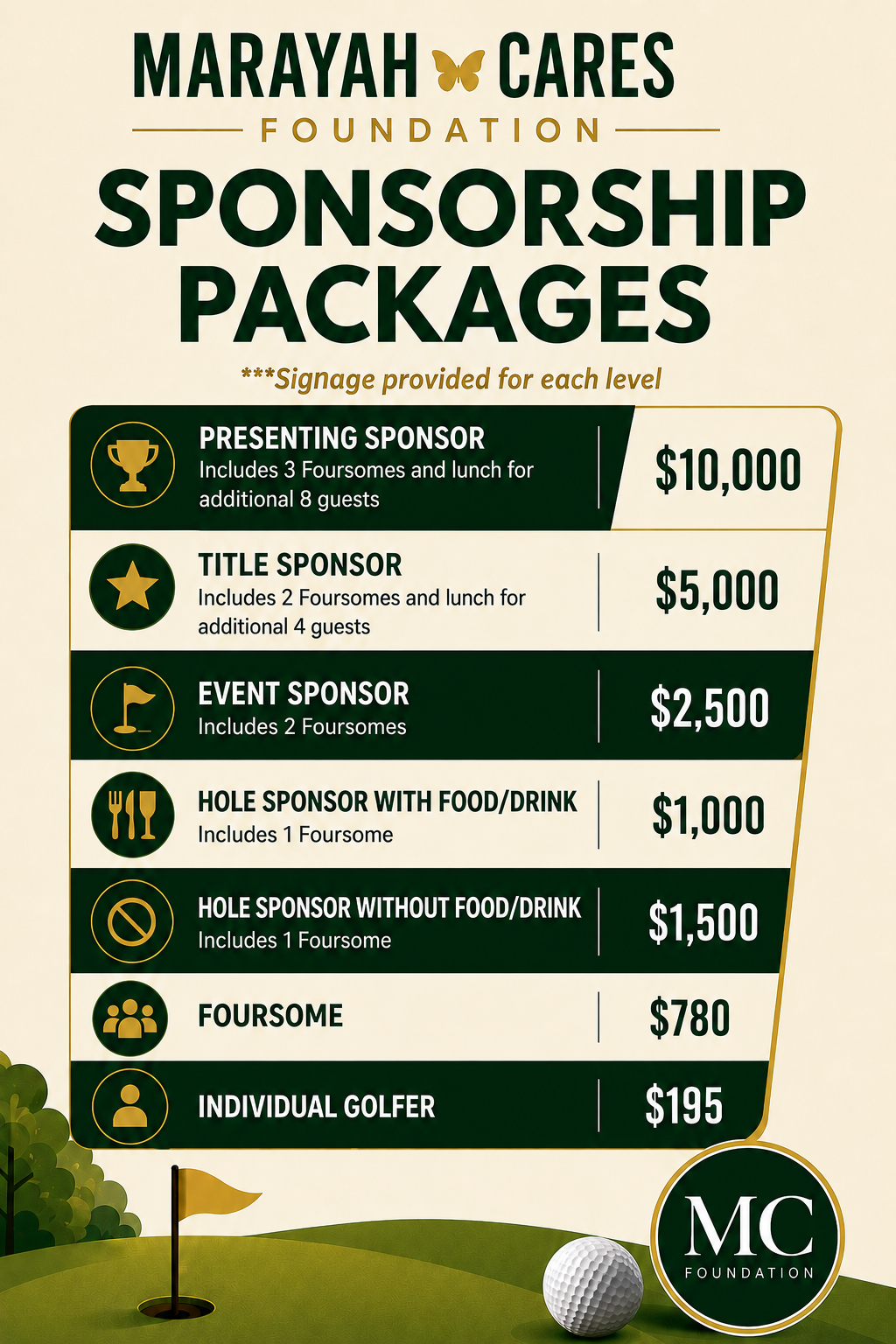 2026 GOLF TOURNAMENT - SPONSORSHIP PACKAGES FLYER
